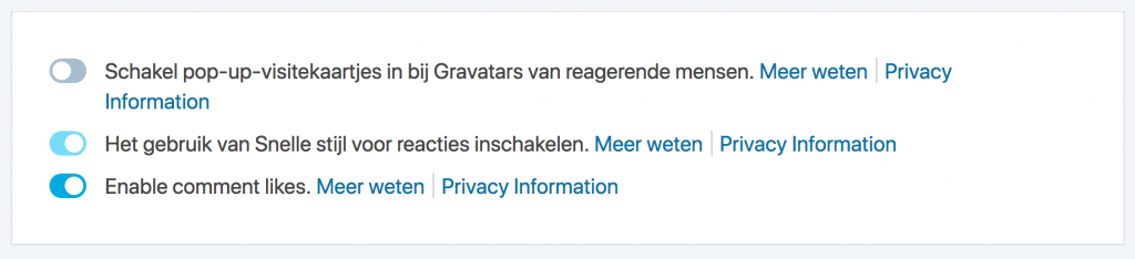 Illustratie: screendump scherm Jetpack waar de visitekaartjes van Gravatar uitgezet kunnen worden.