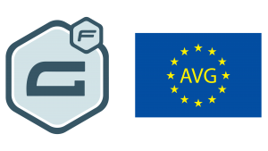 Afbeelding van het logo van Gravity Forms en de Europese vlag met de letters AVG erop.
