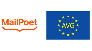 Afbeelding van het logo van Mailpoet met rechts van het logo de Europese vlag met daarop de letters AVG.