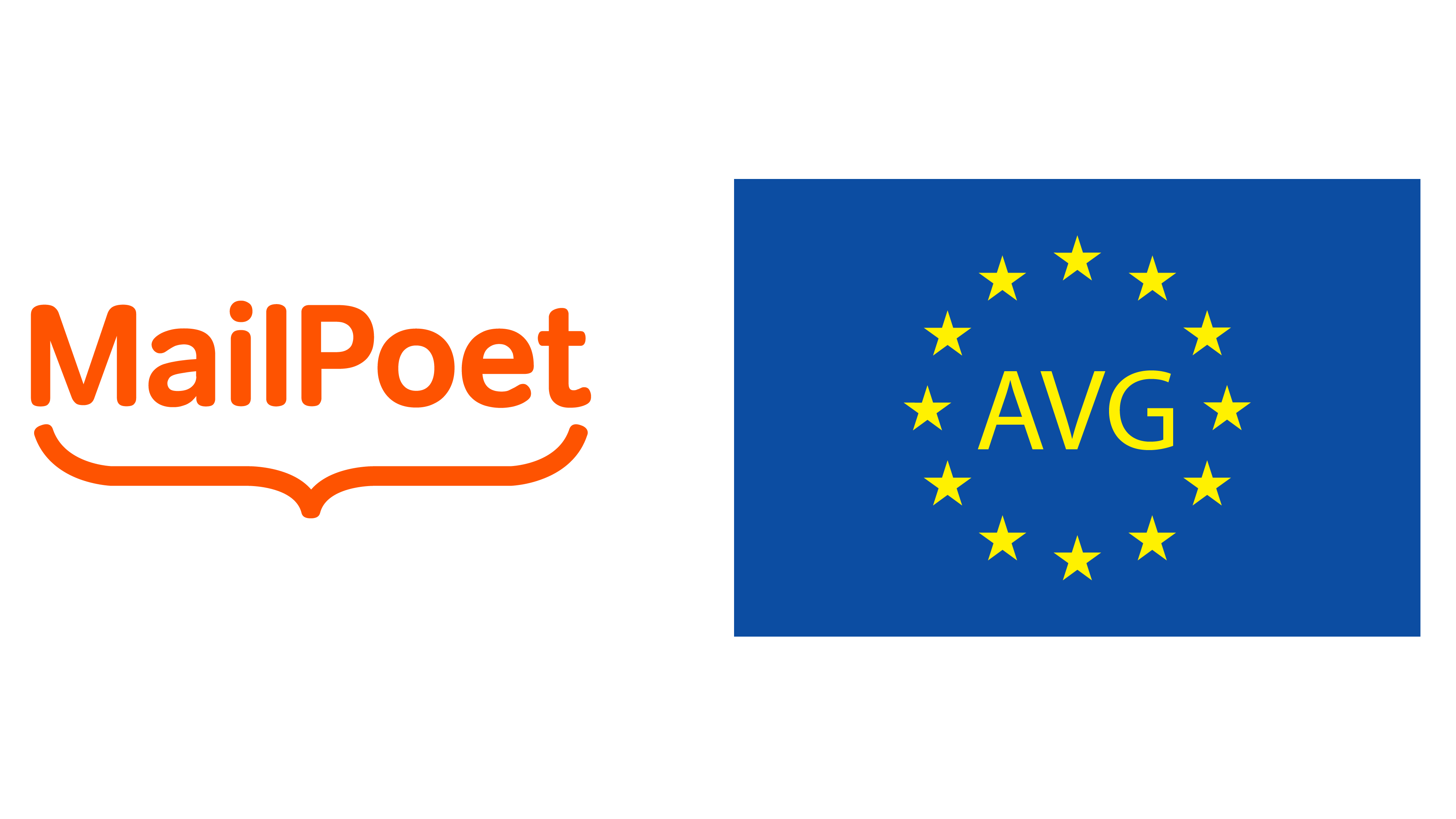 Afbeelding van het logo van Mailpoet met rechts van het logo de Europese vlag met daarop de letters AVG.