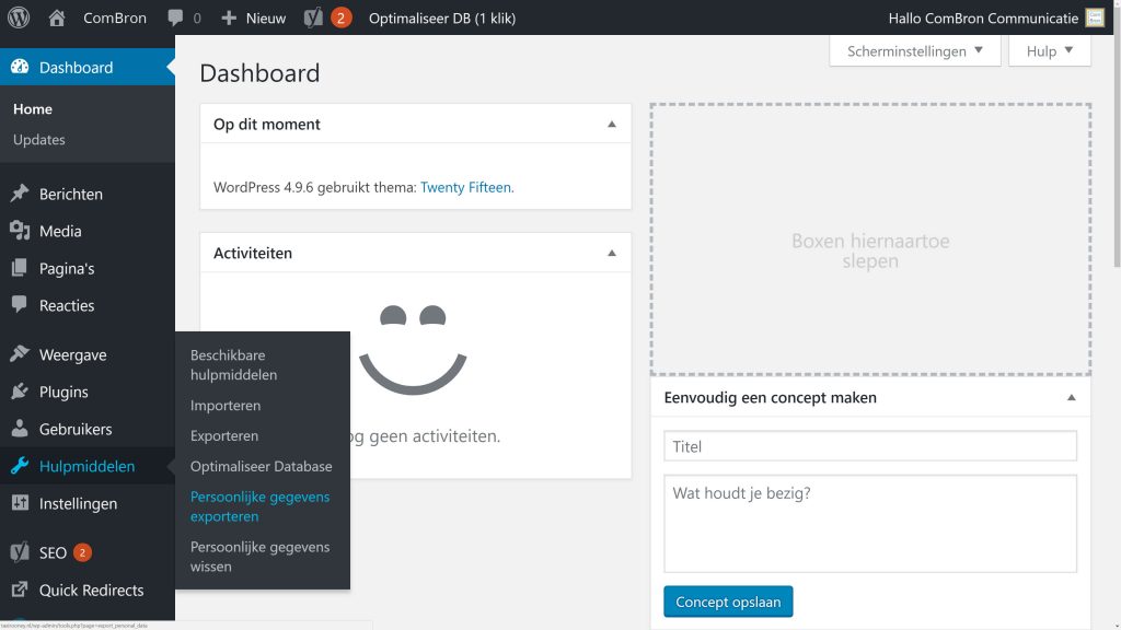 Screendump cms WordPress beginscherm exporteren persoonlijke gegevens. (AVG)
