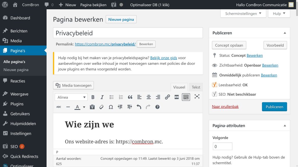 Screendump cms WordPress AVG privacypagina.