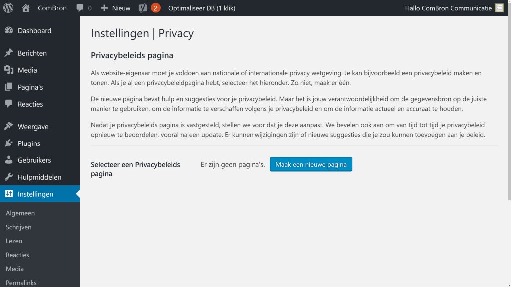Screendump WordPress cms Intellingen > Privacy.
