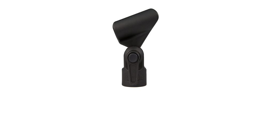 Foto van de houder voor de Rode Reporter. De Rode RM5 microfoonclip om de microfoon op een statief te plaatsen.