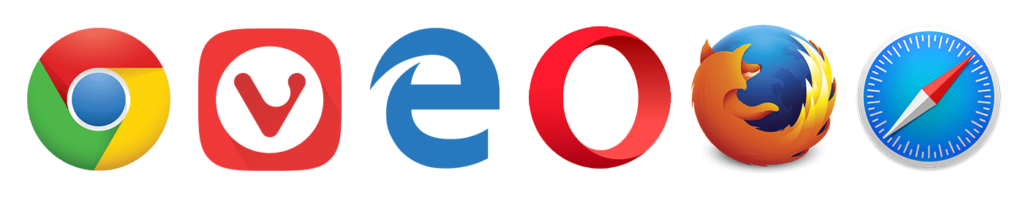 Logo's van de browsers Chrome, Vivaldi, Edge, Opera, Firefox en Safari.