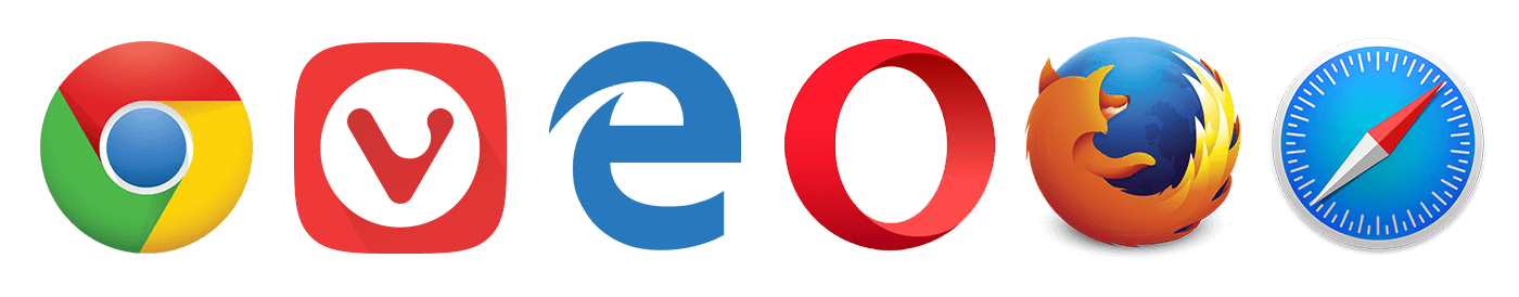 Logo's van de browsers Chrome, Vivaldi, Edge, Opera, Firefox en Safari.