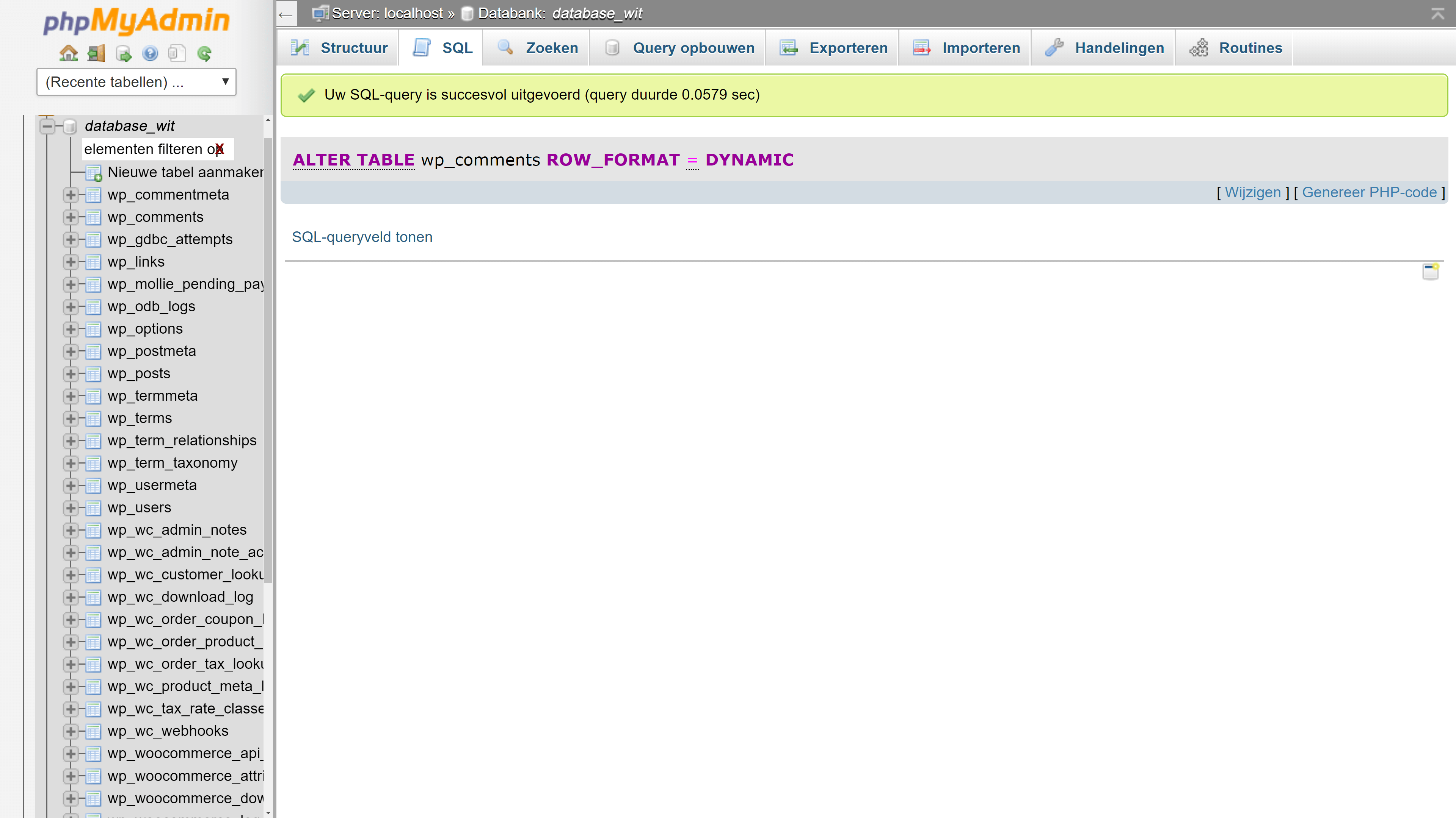 Screendump phpMyAdmin SQL-query succesvol uitgevoerd na foutmelding #1709 bij het omzetten naar InnoDB.