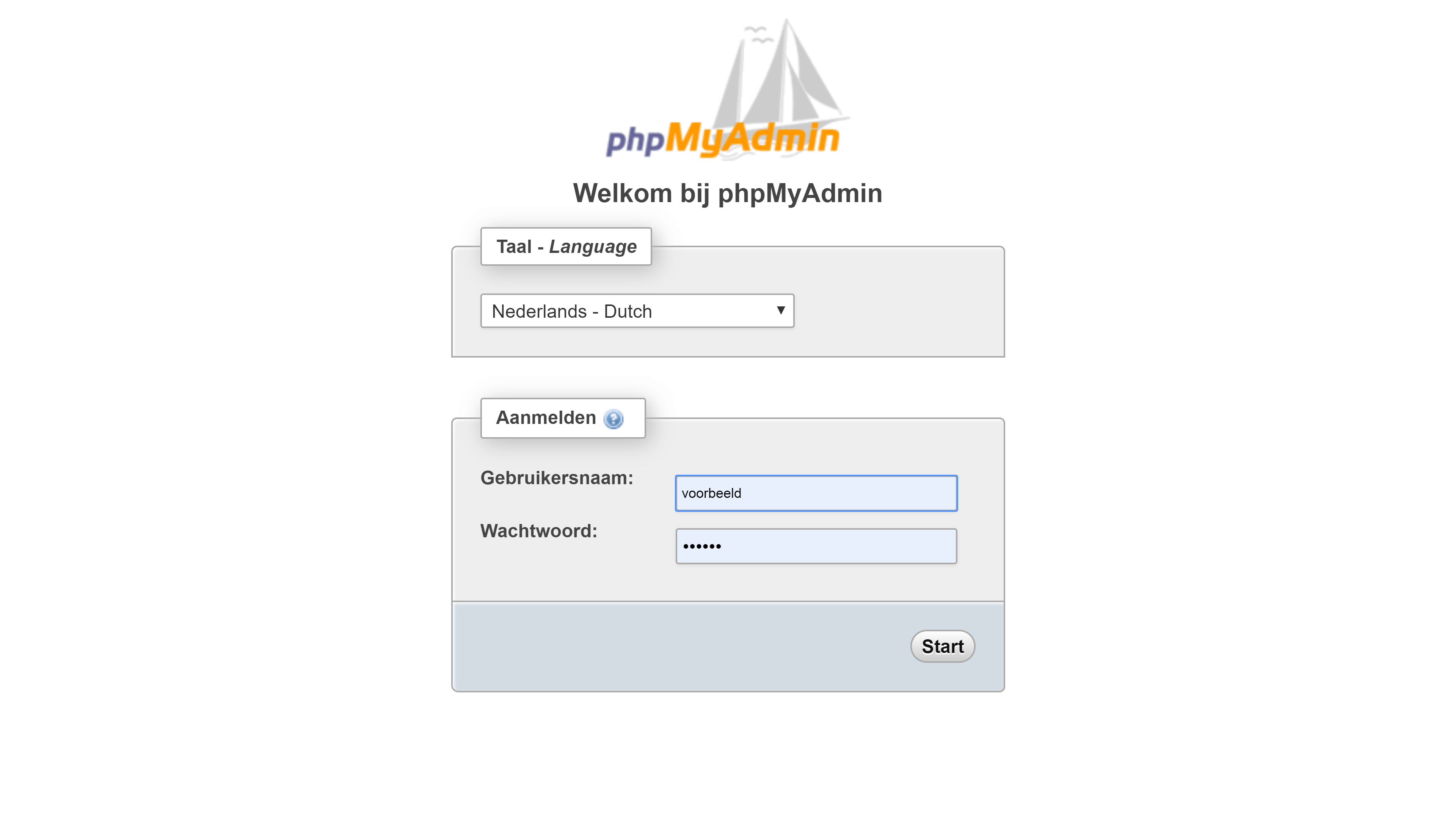 Afbeelding van het inlogscherm van phpMyAdmin.