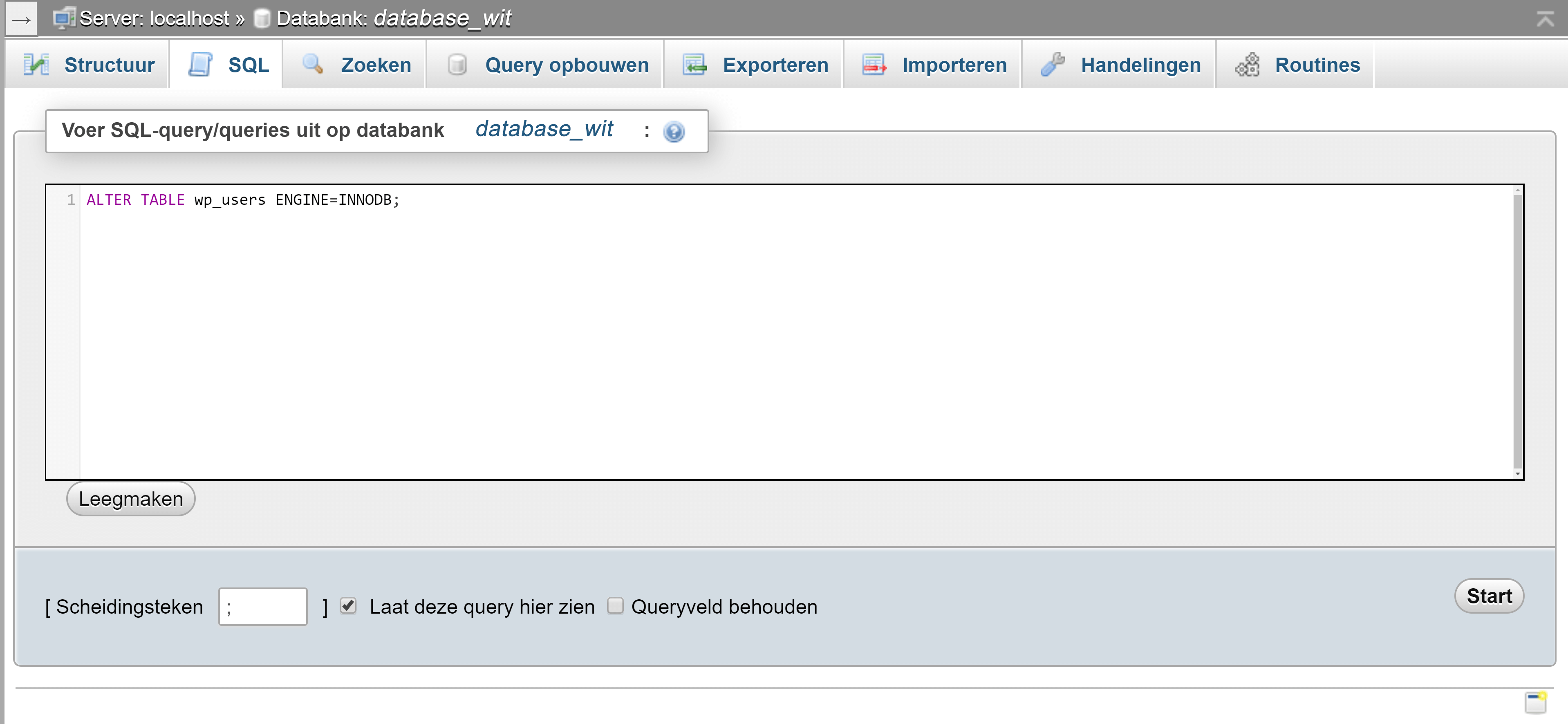 Screendump omzetten naar InnoDB in het tabblad SQL van phpMyAdmin.