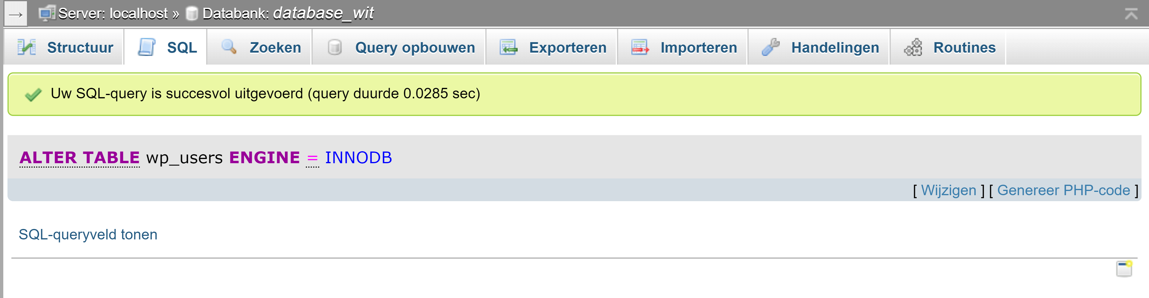 Melding SQL query succesvol uitgevoerd.