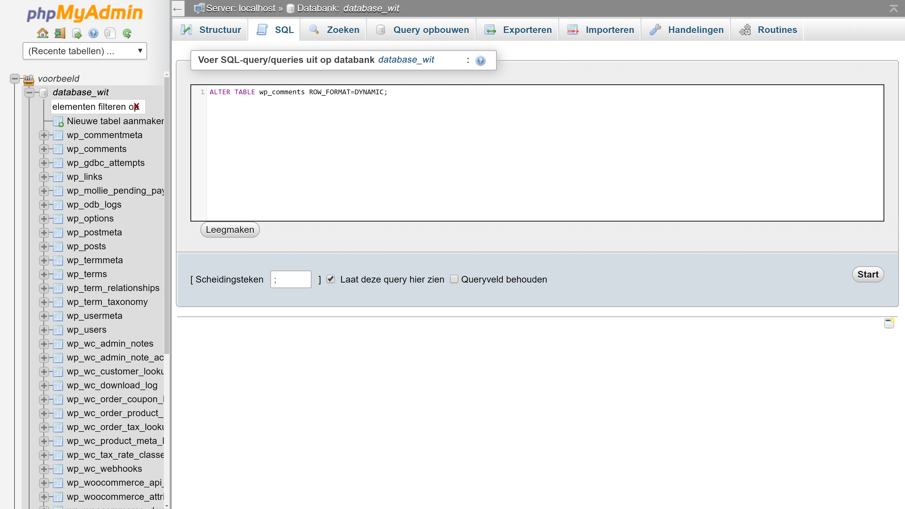 Screendump met ALTER TABLE wp_comments ROW_FORMAT=DYNAMIC tekst om in te vullen. De tekst en de afbeelding horen bij de handleiding omzetten tabellen voor InnoDB.