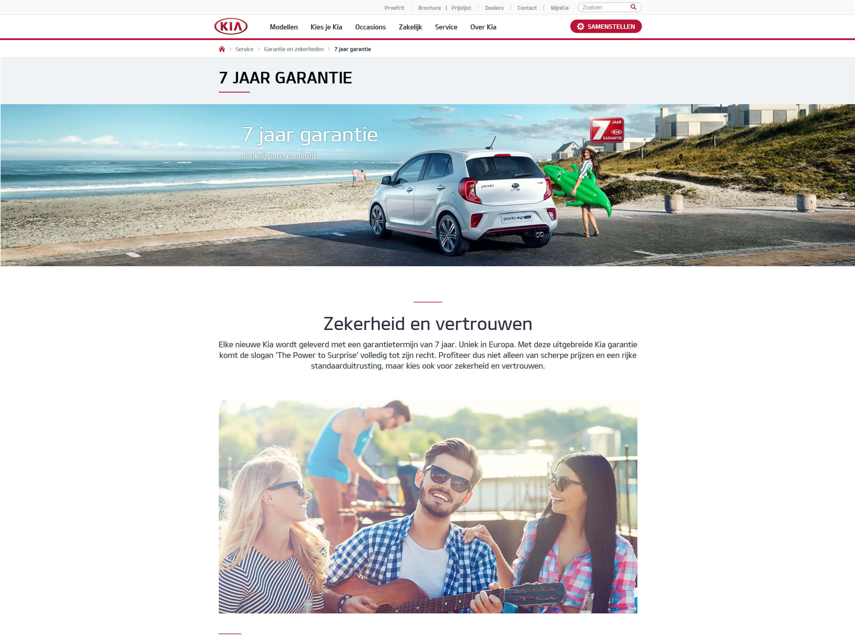 Illustratie: screendump van de website van Kia. Op de afbeelding is te zien hoe KIA 7 jaar garantie biedt. Dit past goed in de tweede stap (Interest) van het AIDA marketingmodel.
