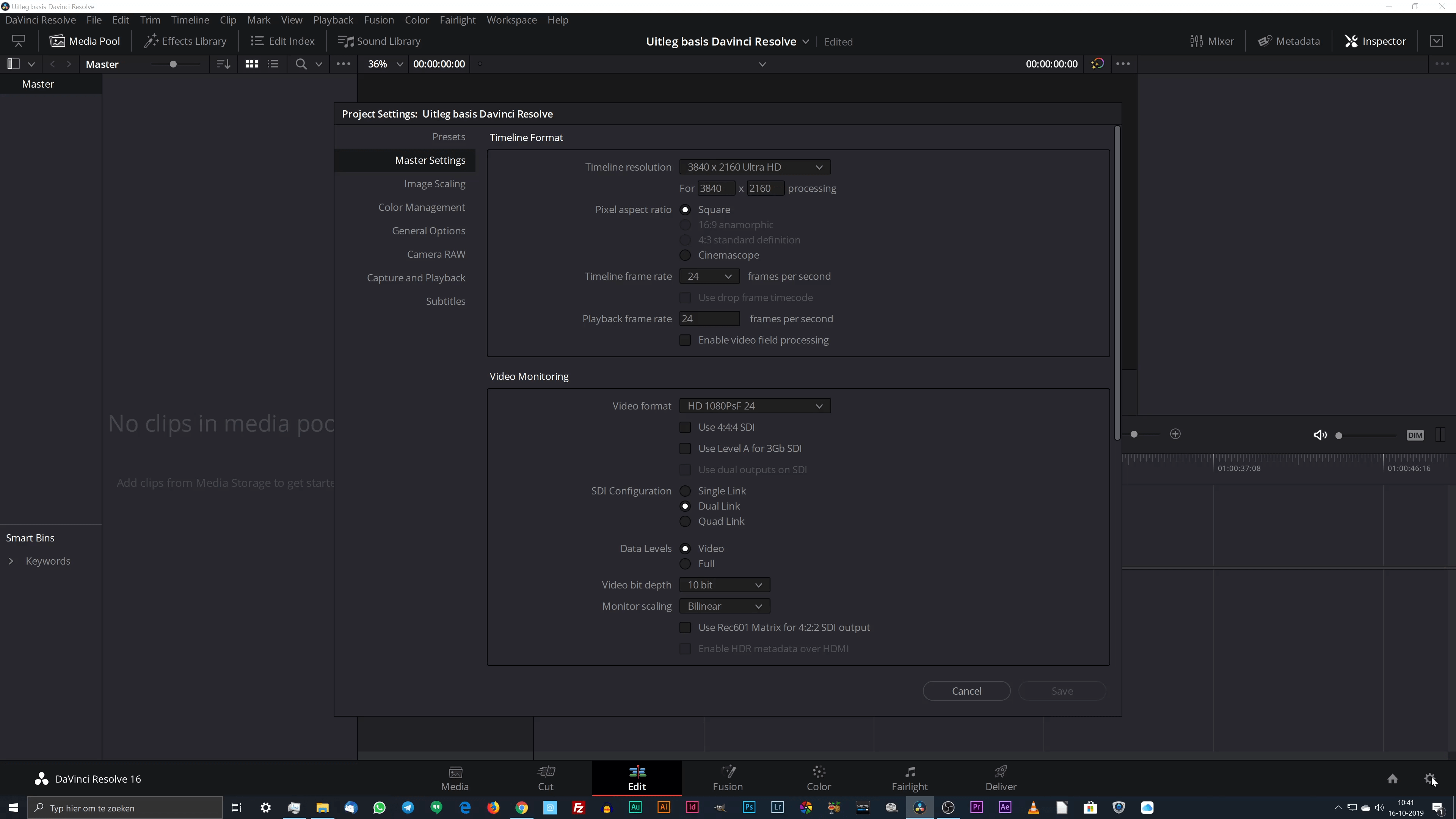 Scherm met projectinstellingen (project settings) in Blackmagic DaVinci Resolve 16.