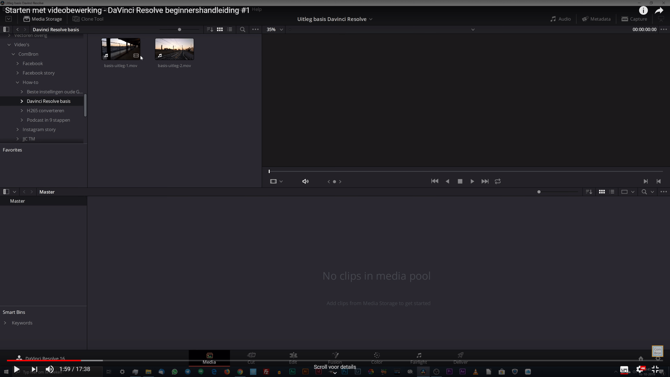 Screendump van het importeren van videobestanden in DaVinci Resolve.