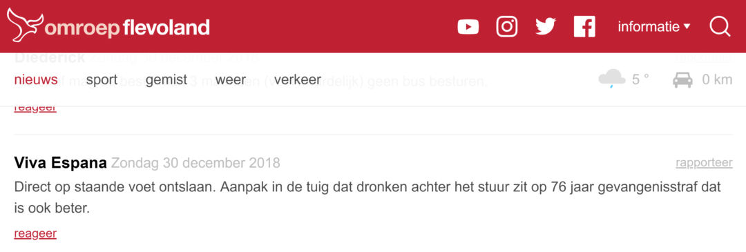 Ontslag op staande voet en 76 jaar gevangenisstraf volgens Viva Espana op zondag 30 december 2018. Viva Espana schreef dit op de website van Omroep Flevoland.