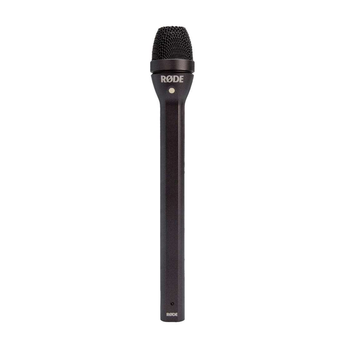 Bewerking van een productfoto van Rode Microphones. Op de foto staat de Rode Reporter microfoon. Oorspronkelijk was de achtergrond wit, maar de witte achtergrond is verwijderd.