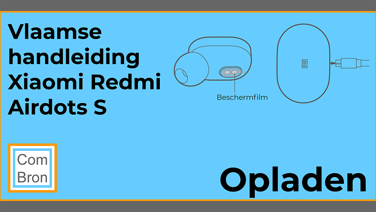 Tekening uit de Vlaamse handleiding Xiaomi Redmi Airdots S bluetooth oortjes. In dit hoofdstuk van de gebruiksaanwijzing een instructie voor het opladen van de Mi True Wireless Earbuds Basic S zoals ze ook wel genoemd worden.