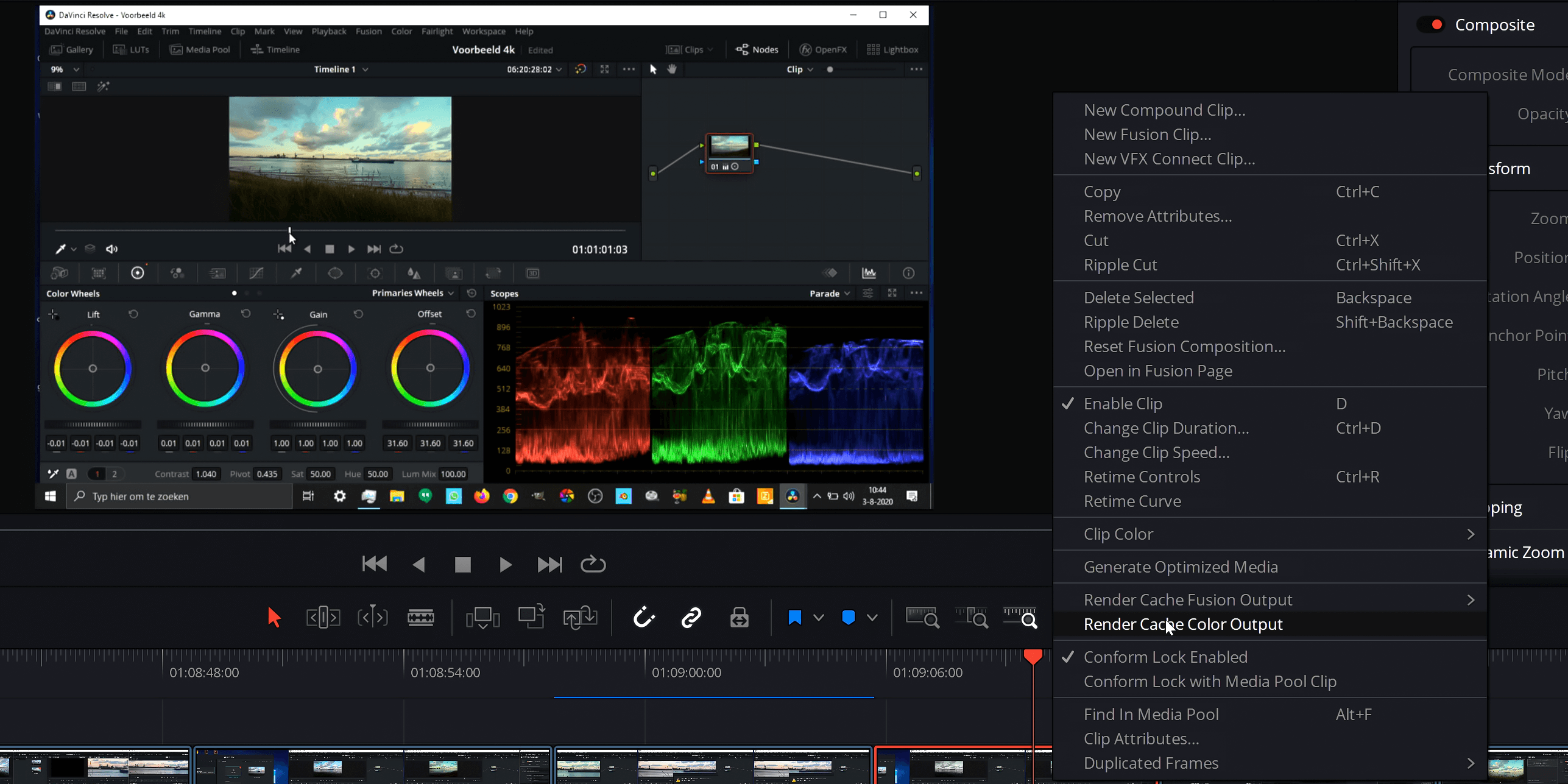 Render Cache Color Output gebruiken om sneller te werken als na een flinke bewerking het scrubben over de timeline in DaVinci Resolve minder vloeiend gaat.