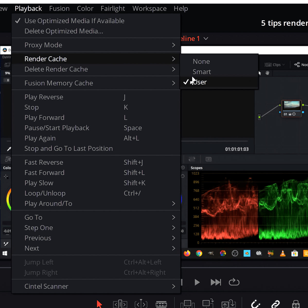 Render Cache instelling USER in DaVinci Resolve zodat de composities en de overgangen ook gecachet worden.