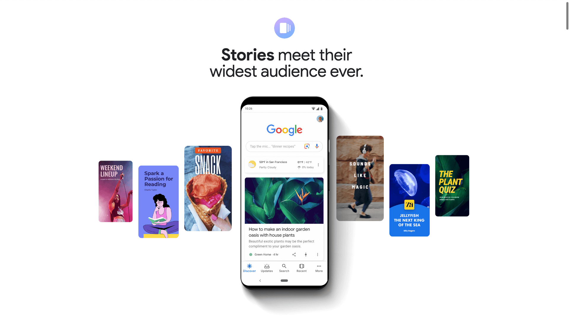 Screendump van de bovenzijde van de pagina over Google Web Stories.