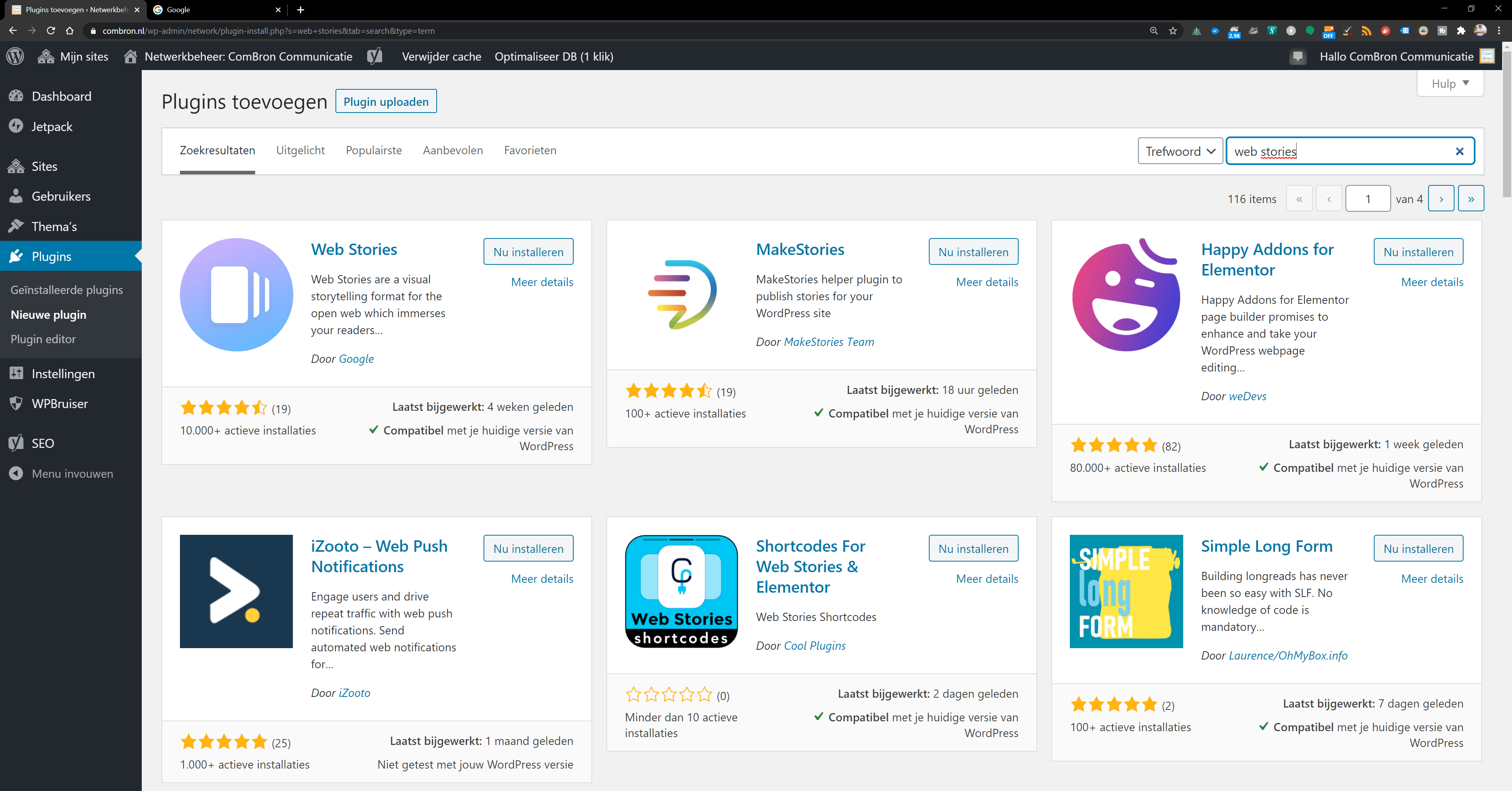 Keuzescherm plugins WordPress. Linksboven in het scherm kan de Web Stories plugin gekozen worden.