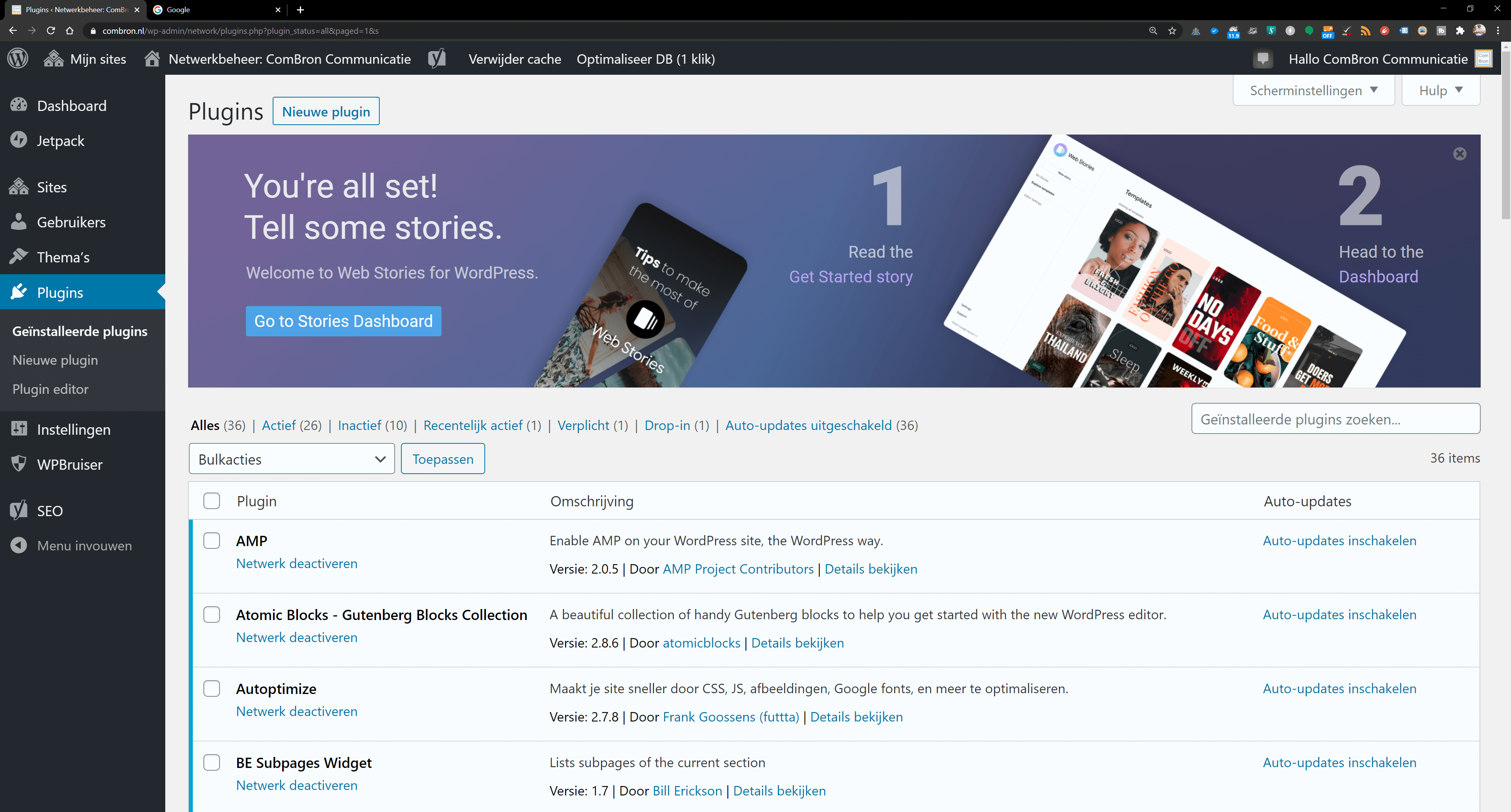 Scherm WordPress na activeren Web Stories plugin van Google.