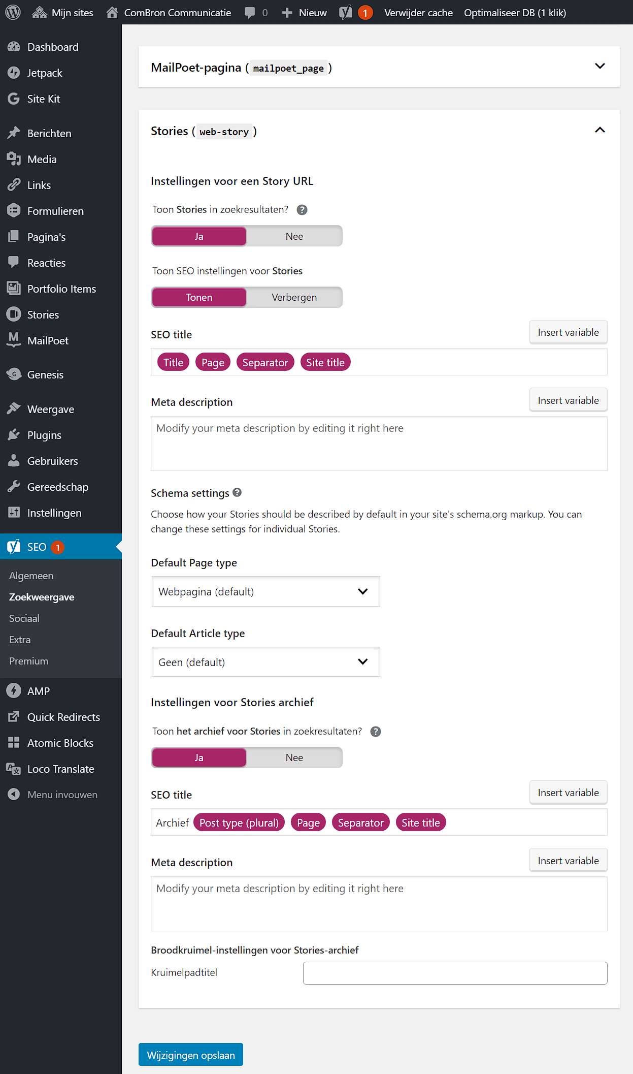 Screenshot van de aanpasbare delen van Web Stories in SEO Yoast.