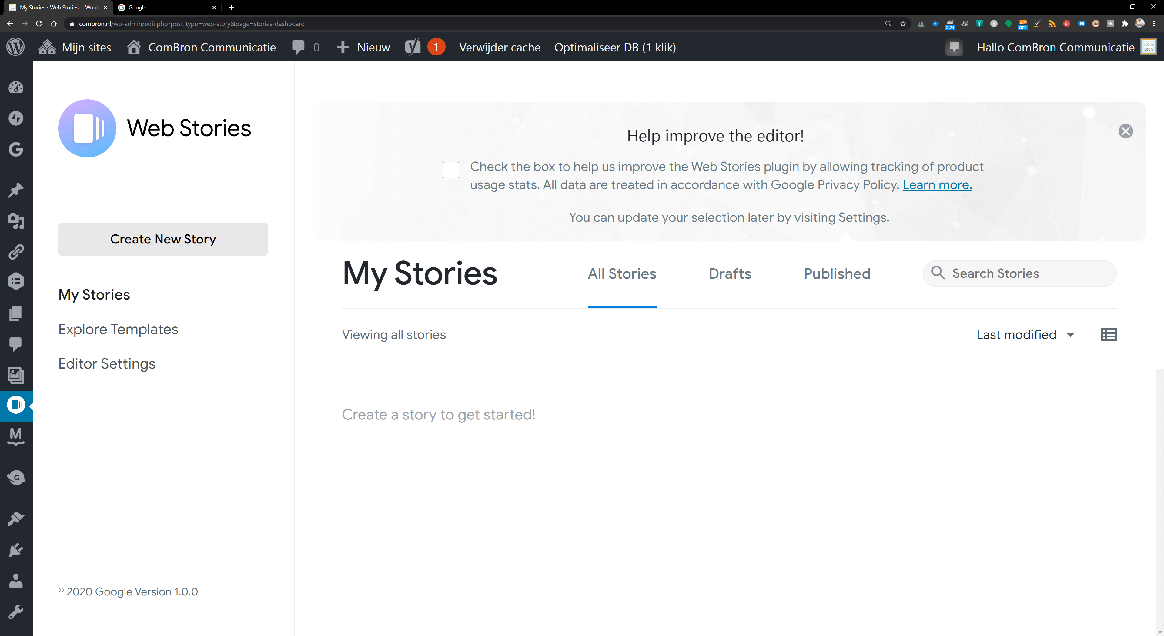 Screenshot dashboard Web Stories plugin WordPress. Op de afbeelding is een leeg dashboard te zien omdat de plugin zojuist geïnstalleerd is en nog niet is gebruikt.