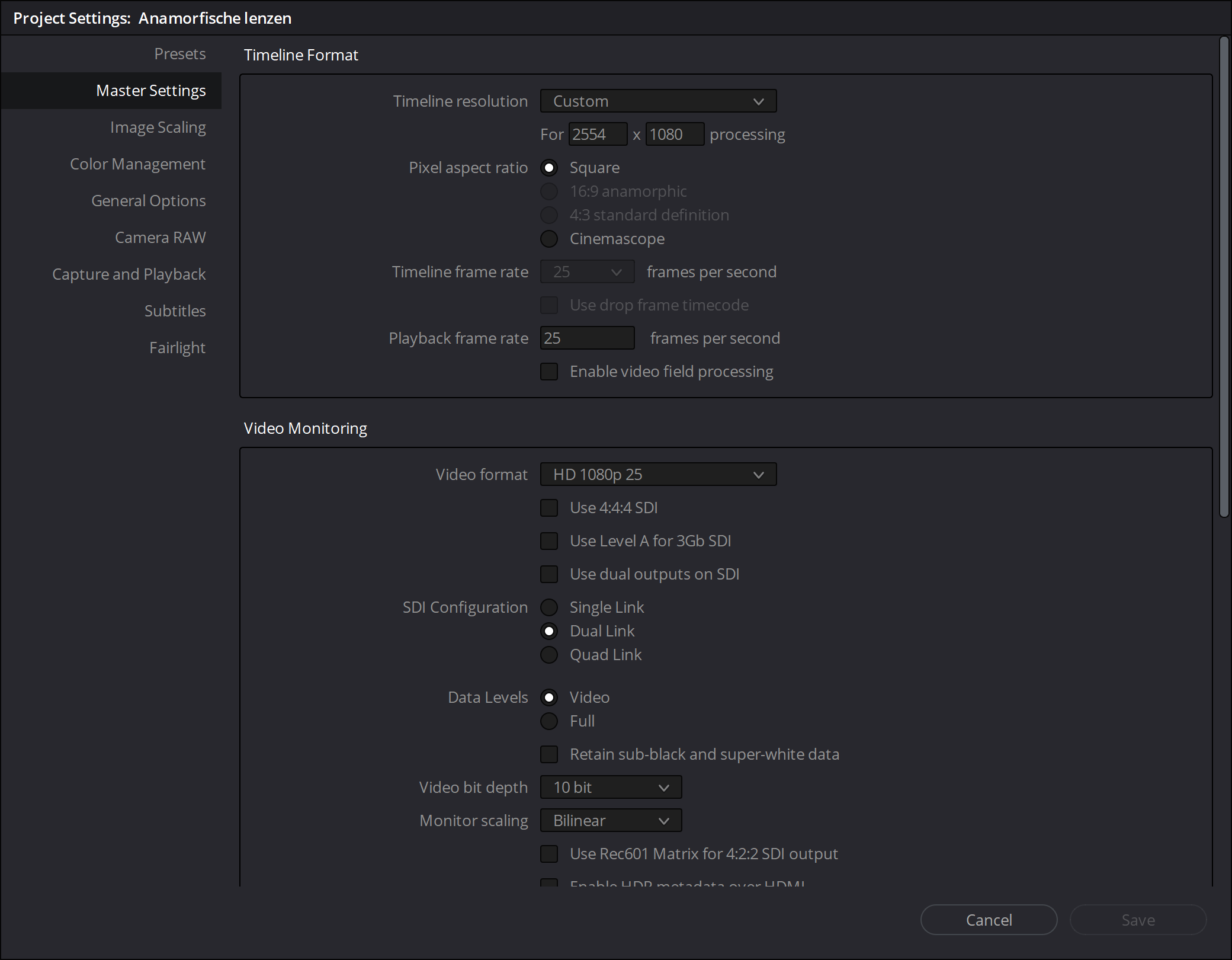 Screendump instellingen project met anamorfe breedbeeld lens DaVinci Resolve.