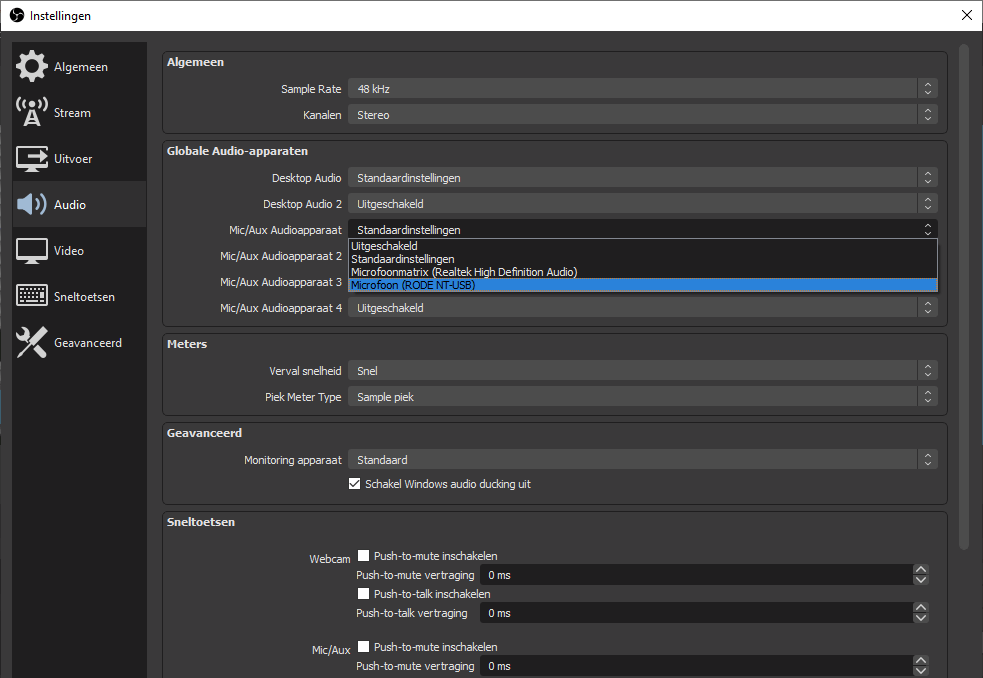 Instelling OBS audio.