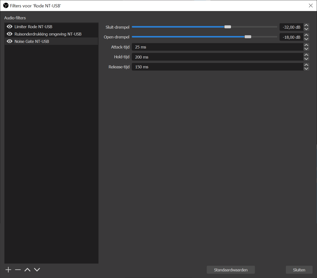 Noise-gate OBS instellen.