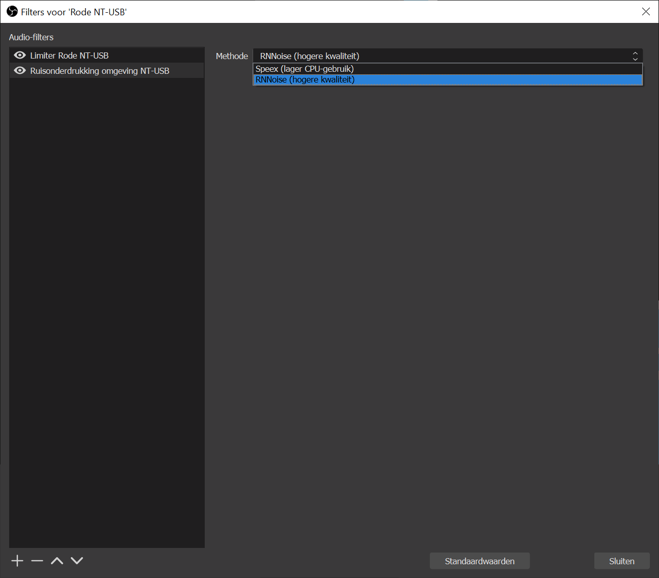 Filter omgevingsgeluid OBS Studio.