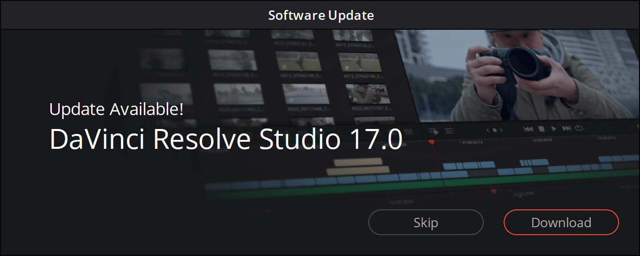 Melding van Blackmagic Design dat er een update beschikbaar is. DaVinci Resolve Studio 17.0.