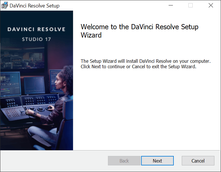Wizard voor het installeren of updaten van DaVinci Resolve.
