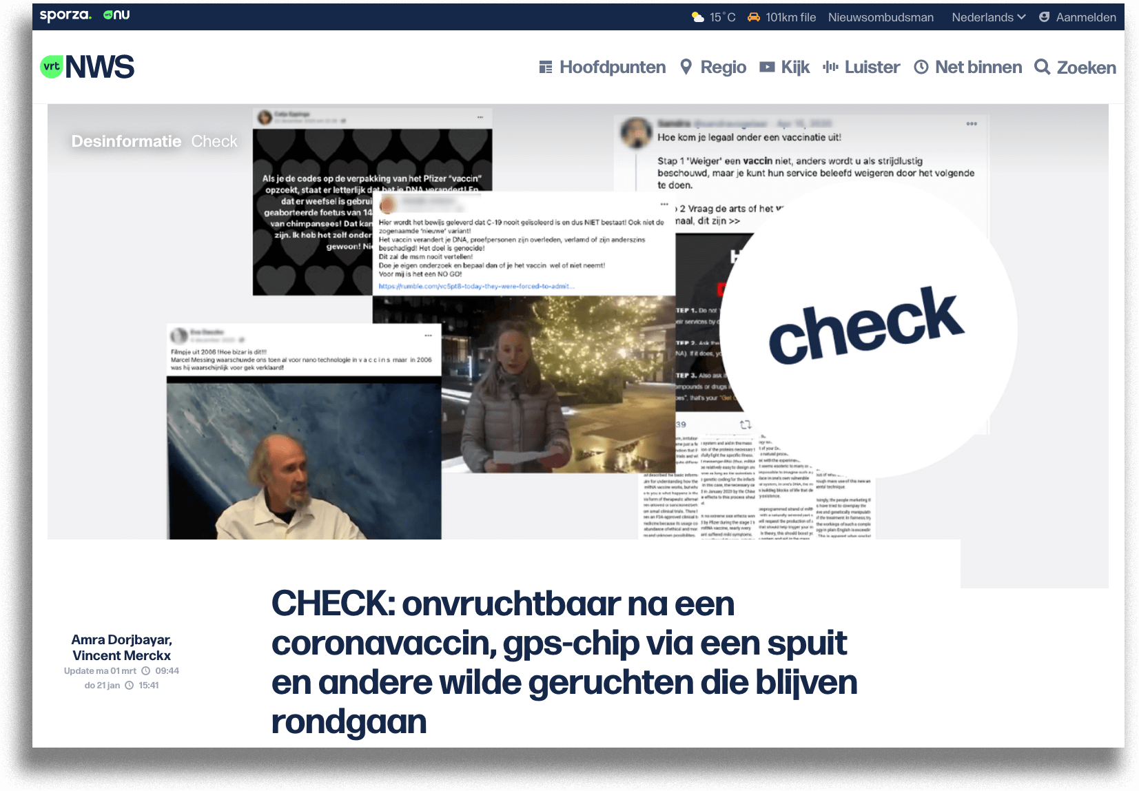 Screencapture nieuwsbericht wilde geruchten coronavaccin Vlaanderen.