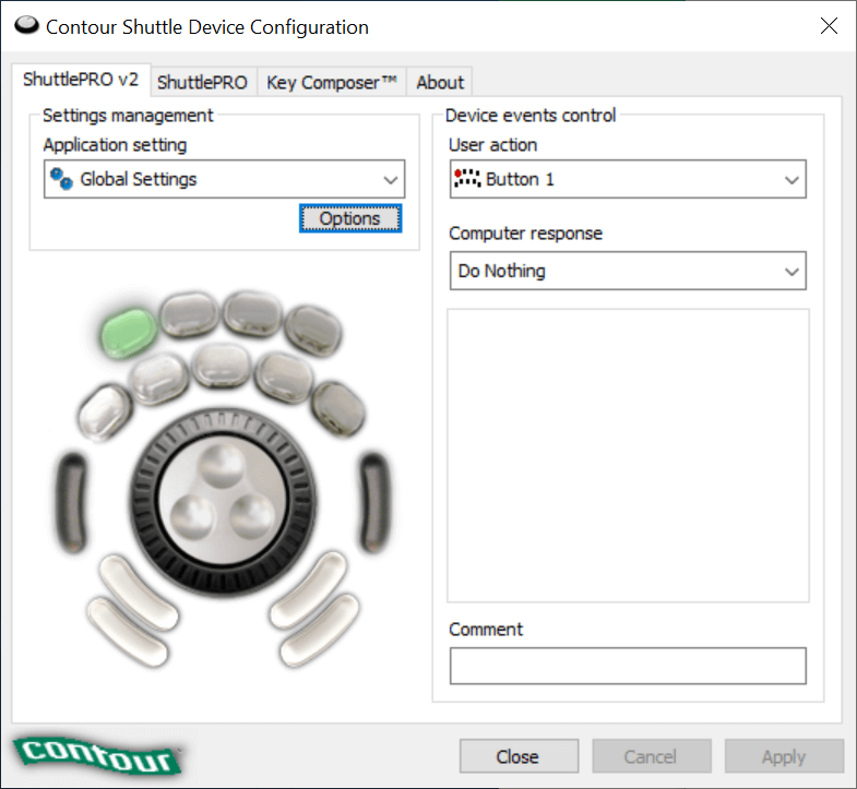 Scherm met instellingen Contour ShuttlePro.