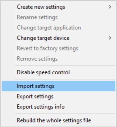 Bestaande instellingen importer voor gebruik met de Contour Design ShuttlePro V2 in Windows.