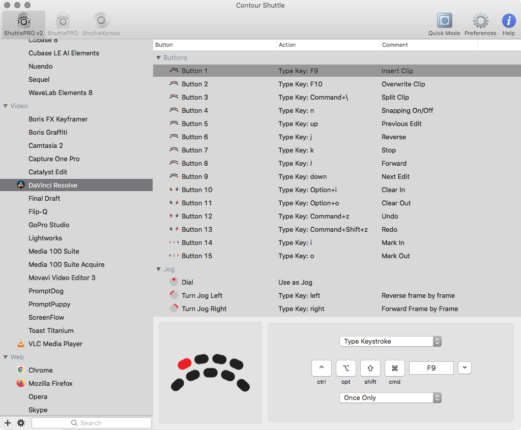 Scherm Mac met instellingen Contour ShuttlePro.