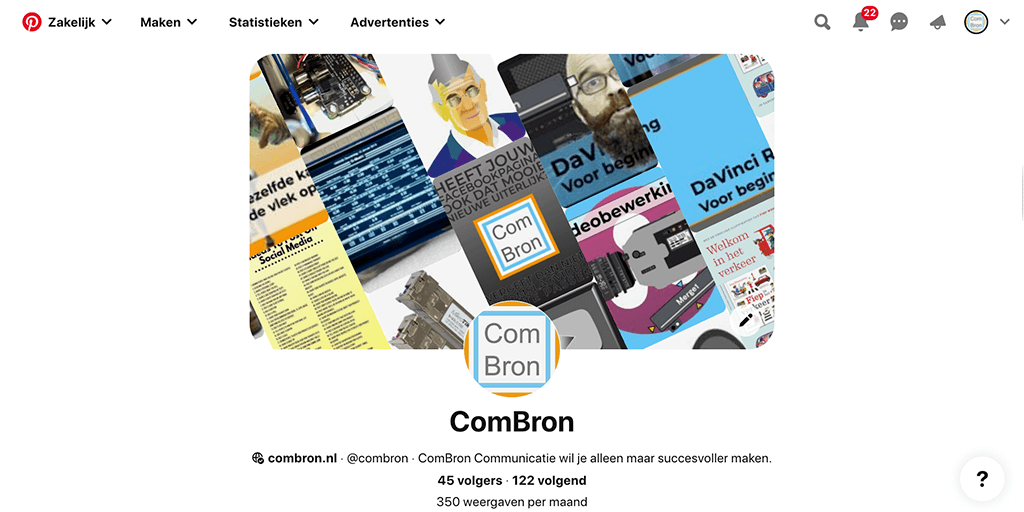 Screendump van de pagina van ComBron op Pinterest. Op de pagina is te zien wat ComBron gepind heeft, hoeveel volgers ComBron heeft en hoeven mensen en bedrijven ComBron volgt.