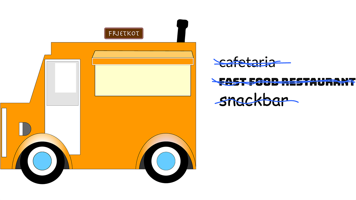 Tekening van een oranje bestelbusje. De tekening met een rijdende frietkraam voorstellen. Of heet dat tegenwoordig een foodtruck?