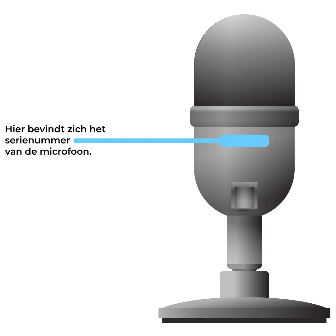 Tekening van de Razer Seiren Mini usb-microfoon waarom met een blauw vlak de locatie van het serienummer wordt aangewezen. Bij de blauwe pijl staat de tekst: "Hier bevindt zich het serienummer van de microfoon".