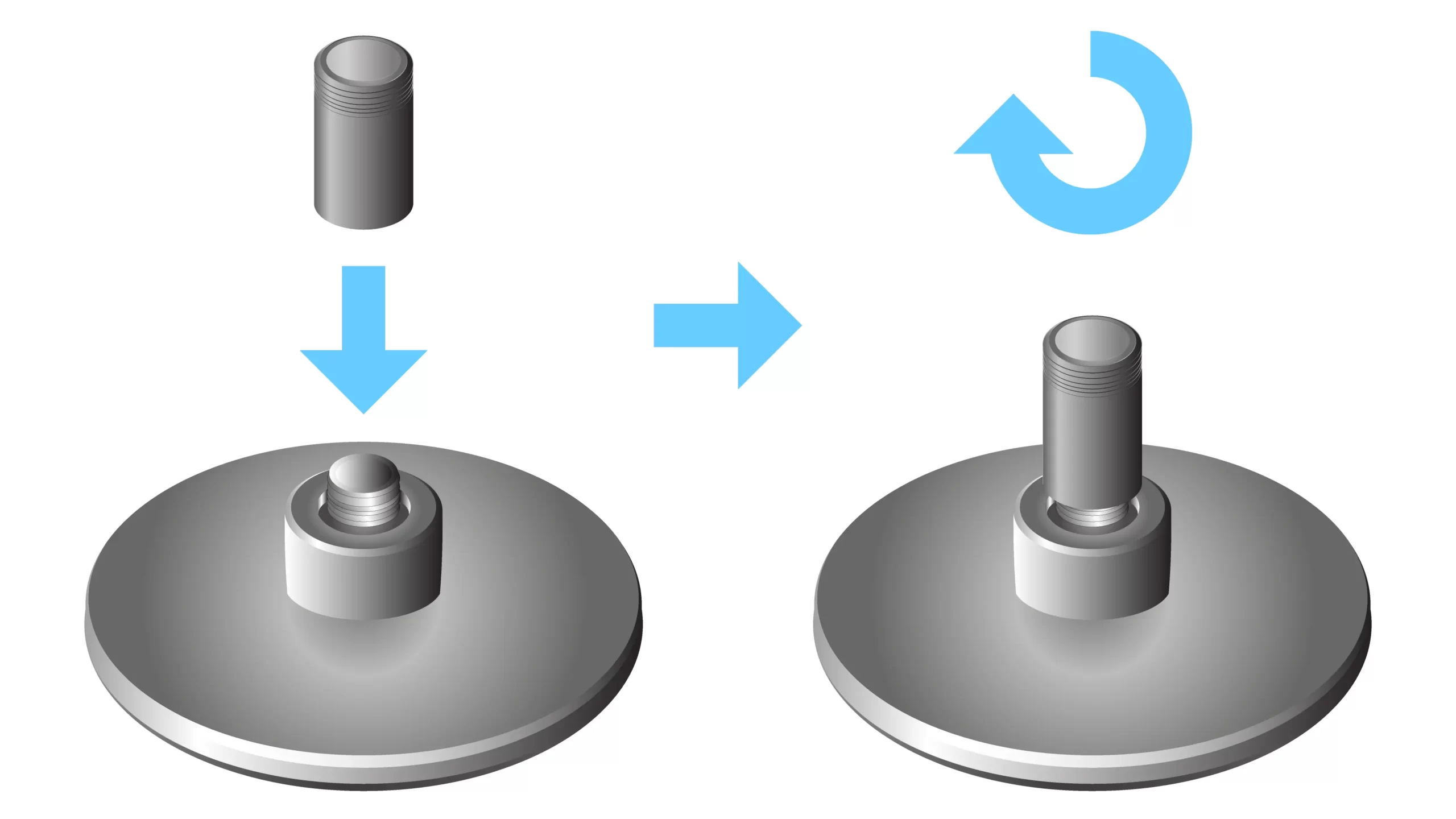 Tekening van de voet van de microfoonstandaard van de Razer Seiren Mini usb-microfoon. De tekening laat zien hoe het tussenstuk op de voet gedraaid moet worden.