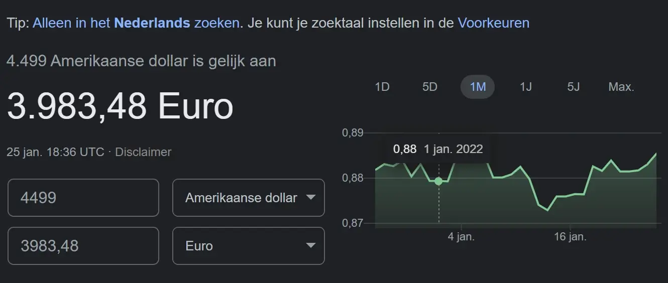 Schermafbeelding van het omrekenen van 4499 dollars naar Euro's.