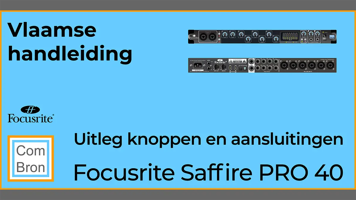 Afbeelding met een tekening van de voorkant en de achterkant van een Focusrite Saffire PRO 40 en tekst: "Vlaamse handleiding. Uitleg knoppen en aansluitingen. Focusrite Saffire PRO 40.