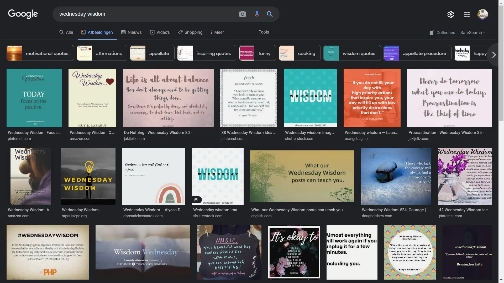Schermafbeelding van Google Afbeeldingen. Op de afbeelding is te zien dat "Woensdagwijsheid" als testwoord gebruikt is.