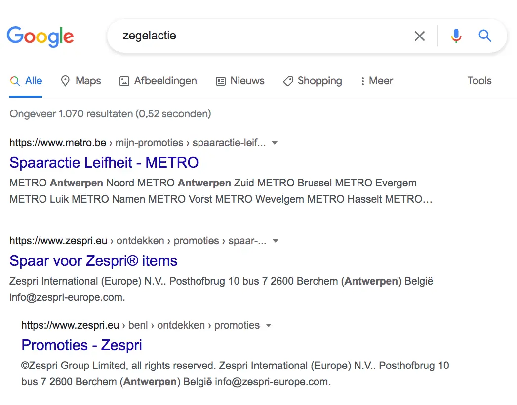 Schermafbeelding van een zoekopdracht "zegelactie".