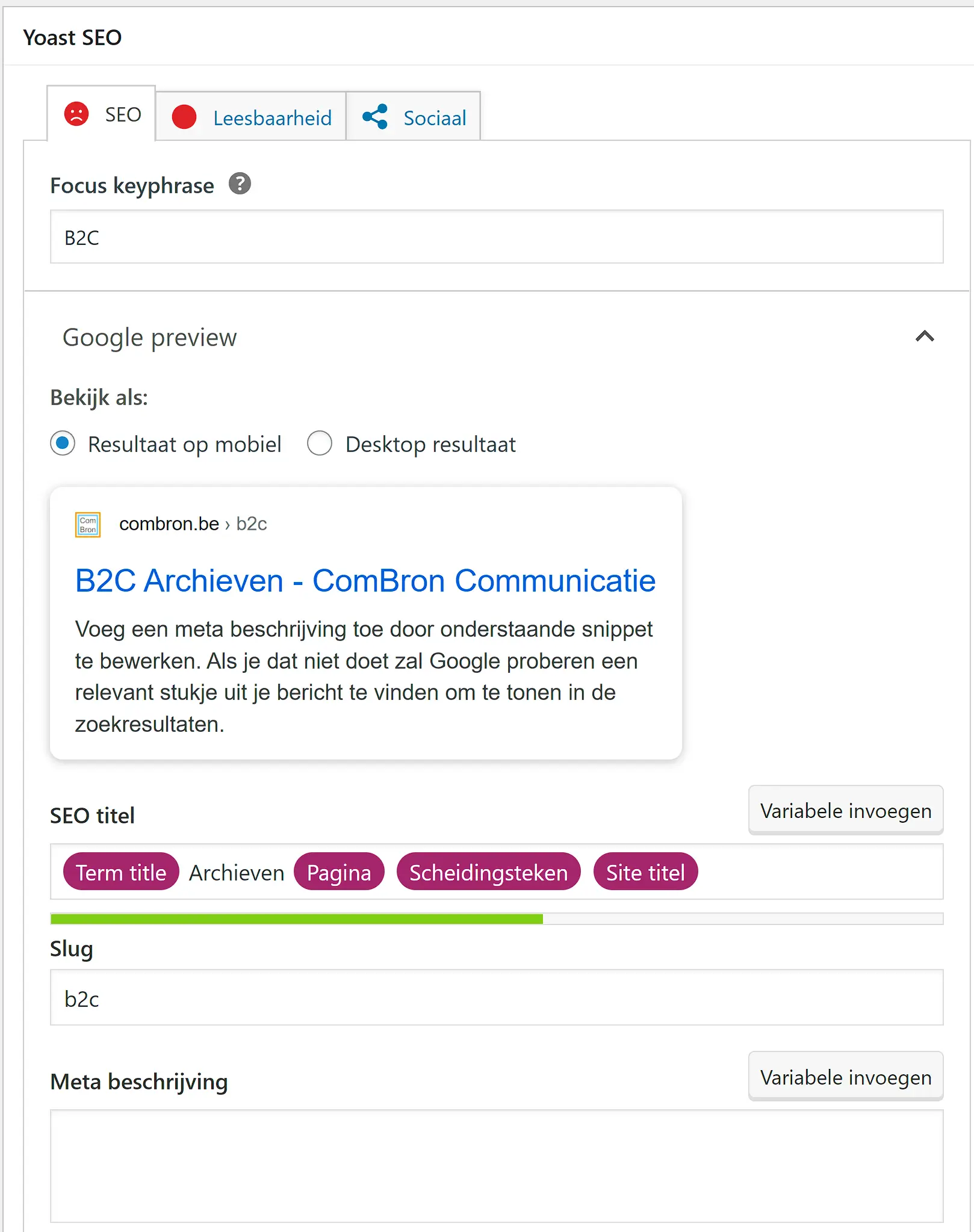 Schermafbeelding van het paneel van Yoast SEO aan de achterkant van WordPress. De afbeelding laat zien dat het woord "Archieven" in de titel niet is aangepast. Ook staat er geen metabeschrijving.