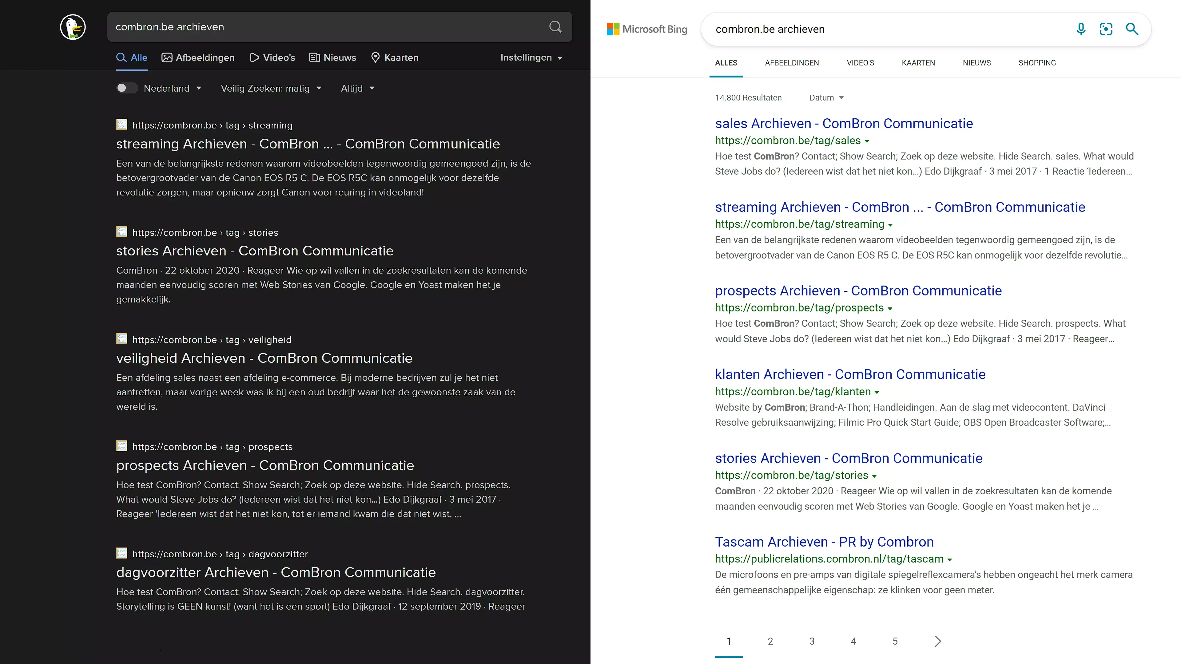 Schermafbeelding van de zoekresultatien bij Bing en DuckDuckGo na een zoekopdracht: combron.be + archieven.