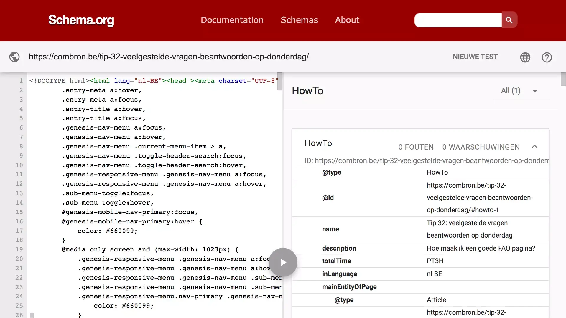 Schermafbeelding van een check met schema.org inzake de markup van een pagina op de website van ComBron België.