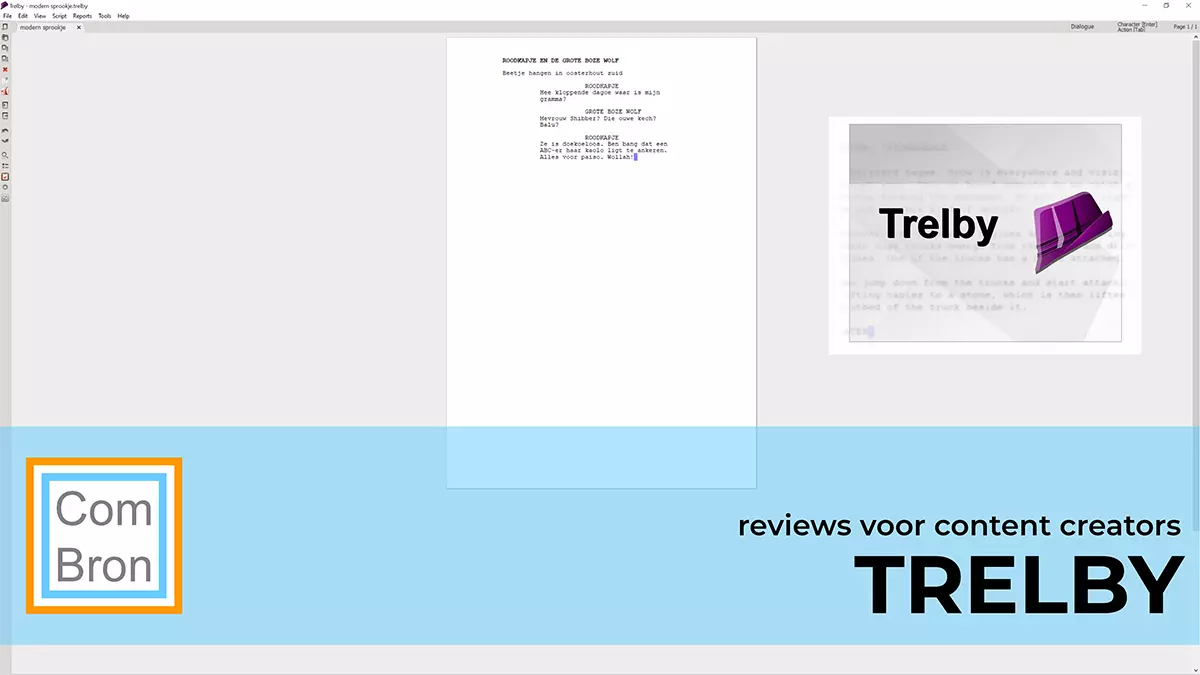 Review van software met de naam Trelby. Trelby is software voor scriptschrijvers, toneelschrijvers en scenarioschrijvers.